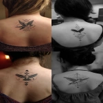 **a tattoo of a flying bird with feathers in the shape of an x, simple geometric shapes like circles and triangles creating patterns around it, on a woman's back, in black ink on a white background. --ar 1:2** - <@241887161421529090> (fast)