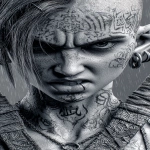 **orc woman, fangs, in the heavy hard rain, tempest, lightining, incandescent katana, tattooed head, super vitreous blank white eyes like empty blind eyes, editorial illustration of a young cyberpunk Asian girl warrior, punk hair cut half bald, from the underground cluber Tokyo drift club subculture, dendrokinetic Gang tattoo, blurred makeup, angry, kanji, --ar 3:5 --raw --p f6gpn1a sw3hfp8 r1wtmgi --stylize 750 --v 7.0** - Image #3 <@1054482006731395092>