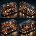 **A highly detailed isometric 3D illustrative render, in the visual style of Unreal Engine cinematic lighting. The scene shows a large wall-mounted display panel designed like a piece of luxury automotive art. The display is a single elegant frame containing all elements together in one unified composition: a Porsche Speedster 1956 scale model at the center, surrounded harmoniously by key authentic components a classic Porsche wooden steering wheel, the metal license plate "CLD 71", a pair of original engine pistons, a vintage analog stopwatch, and the front bumper with round headlights of the car. The materials are rendered with realistic reflections and warm ambient lighting, highlighting metal, glass, and rich wood textures. The background is dark and sophisticated, with subtle LED glows around each object. The overall aesthetic should evoke a luxury automotive museum meets art gallery, precise like an engineering diagram, yet cinematic and elegant.** - Variations (Strong) by <@153912116150140929> (fast)