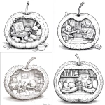 **Cozy Custard Apple Workshop - inside a hollow half custard apple, oval bumpy fruit with scale-like segments covering the surface, short stem on top, Hazel the rabbit reading a book on a tiny chair, Pip the hedgehog painting, playful furniture made from fruit segments, black and white line art, clean bold outlines, storybook style, easy to color, centered composition. --v 6.1** - <@1426448926453530644> (relaxed)