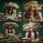 **a portrait of an asian woman with long red hair, wearing a white lace dress and a giant mushroom-shaped hat made of flowers and horns, surrounded by mushrooms against a dark green background. this fashion photography has an editorial aesthetic, reminiscent of vogue magazine, with a hyper-detailed style. --ar 71:128** - <@267082272199409666> (fast)
-# Create, explore, and organize on [midjourney.com](<https://midjourney.com/imagine?from_discord=1>)