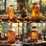 **A golden herbal oil infusion in an amber mason jar glowing with warm sunlight, surrounded by fresh chamomile, calendula petals, and St. John’s Wort flowers, placed on a rustic wooden table with soft morning light streaming through, a citrine crystal nearby radiating subtle golden light, realistic photography, high detail, natural textures, earthy and radiant atmosphere, botanical apothecary style --v 6.0 --s 750** - <@1090630909448949831> (fast)
-# Create, explore, and organize on [midjourney.com](<https://midjourney.com/imagine?from_discord=1>)