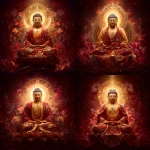 **Highly detailed digital painting of Amitabha Buddha seated in full lotus posture on a large radiant crimson and gold lotus throne, floating amidst cosmic clouds. His expression is calm, solemn, and divine. His eyes are closed, showing deep meditation. He has long earlobes, arched eyebrows, a round top bun, and a glowing red urna on his forehead. His skin is soft and luminous. He wears flowing, elaborately embroidered red and golden-yellow robes, rich with floral and celestial patterns inspired by traditional Chinese thangka and Pure Land Buddhist art. His hands are in Dhyana Mudra, palms upward, right over left, thumbs gently touching. In the center of his chest is the sacred 卍 symbol, glowing faintly. Behind his head is a gigantic radiant halo, with intricate mandala and lotus petal patterns. The halo radiates beams of gold, white, and pink light, blazing outward like a sun of compassion. His entire body is glowing with a soft golden-red aura, and gentle pulses of cosmic light expand outward, merging into the background. The background is majestic and cosmic, a deep crimson sky adorned with glowing floral motifs, swirling energy, falling lotus petals, and mystical golden mist. Celestial textures and sacred geometry enhance the divine presence. The atmosphere is grand, transcendent, and filled with deep spiritual warmth. Vertical format, ultra-detailed, cinematic lighting, with subtle Studio Ghibli-style anime aesthetics blended with sacred Buddhist iconography. Perfect for depicting Amitabha Buddha in a divine oracle card or spiritual thangka.** - Variations (Strong) by <@1056980764291514368> (fast)