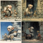 **a wrinkled, very old and grotesquely ugly man with a large child-like head, lives in a ruin and guards a treasure, simple, muted colors, reinhardt michl, --v 7.0** - <@572882080099467274> (fast)