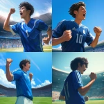 **Young Japanese male soccer player standing boldly on a green soccer field, wearing a plain solid blue soccer jersey with a single white back number, no logos or brands, clenching his fist with determination, modern stadium filled with cheering fans, bright natural daylight between morning and noon shining on the field, dynamic wind gently moving his hair and jersey, intense and brave expression on his face, cinematic atmosphere, realistic style, wide shot, no goalposts, no teammates, focus on the player’s strong stance and confident gaze --niji 6** - <@1212945075831836692> (relaxed)
