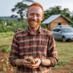 **A red-haired man, wearing a plaid shirt, smiling, happy, with a cassava in his hands in a bucolic rural setting. In the distant background, a house and a car.** - Image #3 <@1120869095131324497>