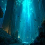 **Cinematic wide establishing shot of a vast bioluminescent underwater city of Atlantis, with towering coral-inspired structures glowing softly with turquoise and golden light. Ancient Atlantean carvings and runes are etched into the buildings, radiating mystical energy. Schools of glowing fish and majestic bioluminescent sea creatures, including manta rays and fantastical mermaids, swim gracefully through the scene, bringing the city to life. Light beams filter down from the surface above, illuminating drifting particles and creating depth. The mood is awe-inspiring and magical, a hidden world revealed for the first time. Ultra-realistic textures, epic fantasy adventure atmosphere --ar 16:9 --v 7.0 --raw** - Image #3 <@1092171553510264843>