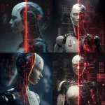 **a humanoid robot split in half: one side sleek, modern, and fair, the other side corrupted, glitchy, with symbols of bias (scales unbalanced, facial recognition icons, data streams in red), standing against a dark digital background with broken code and shadowy human faces in the distance concept art, dramatic lighting, highly detailed, cinematic** - <@1150893473508118580> (fast)
-# Create, explore, and organize on [midjourney.com](<https://midjourney.com/imagine?from_discord=1>)