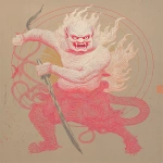 **Full-body wrathful deity Fudo Myoo, riding a dragon, right hand holding a sword, left hand holding a rope, eyes glaring fiercely, sharp fangs biting upper lip, surrounded by raging flames symbolizing the power to vanquish demons, dynamic action pose, highly detailed, dramatic cinematic lighting, dark fantasy, intricate textures, black and grey with small flashes of colour, full body visible, epic composition, Samsara style --ar 5:6 --raw --sref 3968694994 91748 --p lk8uhr6 --q 4 --s 250 --v 7.0** - Image #3 <@1209615304372658177>