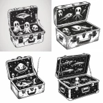 **1980s horror style logo, open fishing tackle box with ufos, aliens, and ghostly shapes rising out, bold thick linework, high contrast black and white, retro horror illustration, VHS-era monster art vibe, simplified shapes, strong silhouette, vector style, centered composition, white background, no text --ar 1:1 --v 6.0 --s 200 --raw** - <@803064038300450856> (fast)
