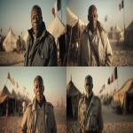 **An elderly black african army general, in his 60s, looking fit , dressed in a 1950s French military uniform, stands confidently in front of the camera in a desert military camp setting. He has a serious, weathered face, one hand casually resting in his pocket. He faces the viewer, delivering a direct-to-camera monologue. The background features sand dunes, vintage military tents, and French colonial flags fluttering in the wind. Dust subtly floats in the warm light. cinematic, with shallow depth of field, natural lighting, and slight grain to simulate 1950s archival film look. Tone is somber and authoritative, evoking a government broadcast or classified confession. --ar 128:73 --v 7.0** - <@1065391125663322203> (fast)