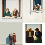 **Realistic painting by edward hopper, of a two parents looking down from a windowr, White background, PNG, cutou** - <@1239424274461229137> (fast)