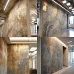 **A photo of an intricate, hand-painted wallpaper with faded gold and silver designs on the wall in an office building. The texture is rough concrete with visible sanded edges. There's an LED light bar above it that casts a soft glow over its surface. A windowless corner wall is on one side. In the background, there's another wallpaper design that looks similar but less detailed. It has more colors and patterns. The room also features white square lighting fixtures on the walls, creating subtle shadows on the ceiling. --ar 32:23 --v 7.0** - <@1313000520759377972> (fast)
-# Create, explore, and organize on [midjourney.com](<https://midjourney.com/imagine?from_discord=1>)