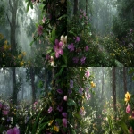 **A hyper-realistic image of a lush, green forest during gentle rain. The forest is filled with broad-leaved trees and vibrant blooming flowers in various colors pink, purple, yellow, and white. The leaves glisten with raindrops, and petals are slightly wet. Mist rises gently from the forest floor, and soft ambient light filters through the canopy. Raindrops are falling delicately, some caught midair. The atmosphere is serene and magical, like a hidden paradise. Realistic lighting, 85mm DSLR photo, cinematic mood, natural soft focus, shallow depth of field. --ar 16:9** - <@966716359268499528> (fast)