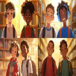**a medium shot of two realistic illustrated happy 8-year-old students from America, they have a well-defined noses and well-defined jawlines, the first student is an African American male with light brown eyes and very short black hair, the second student is a dark African American male with light brown eyes and curly black hair, they stand with their head and neck and shoulders completely square to the camera and facing forward, their entire body is facing forward, they wear backpacks, they have large headphones on their head, they stand in a library, it is daytime, the sun is shining bright, high-definition, anime-style, --ar 16:9 --niji 6** - <@1065025086664474674> (relaxed)
-# Create, explore, and organize on [midjourney.com](<https://midjourney.com/imagine?from_discord=1>)