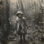 **Little child with cap dances with forest goblins:: divine light, monochrome, burnt sienna, damaged Anthotype print, scratched, dynamic movement --v 6.0 --s 250** - Image #1 <@1089203343378878556>