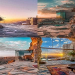 **a photo of an old arabic castle in the desert, with modern glass walls and a colorful interior. a stone terrace outside overlooks a beautiful oasis at sunset. the image was posted on snapchat stories, shot from a distance. --ar 59:128 --v 6.0** - <@960285567457841182> (fast)