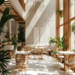 **A minimalist tropical restaurant design, seamless indoor-outdoor flow, white concrete walls, warm wood slats, lush indoor plants, rattan furniture, soft natural sunlight, serene atmosphere, architectural visualization --ar 3:2 --v 6.0** - Image #4 <@1296729788215595112>