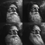 **realistic portrait of a slightly younger wise man with a long white beard and intense eyes, wearing a dark hooded cloak, head slightly tilted upward and facing 3/4 angle, cinematic lighting, ultra-detailed facial texture, soft shadows, ethereal glowing light behind the head, subtle mystical atmosphere, monochrome black and white, 8k, hyperrealistic photography style --ar 3:4 --v 6.0 --no hand, staff, medallion, background symbols --raw** - Variations (Strong) by <@1146806236982034432> (fast)