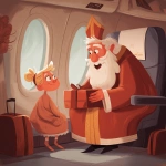 **Saint Nicholas gives a gift to a child in the airplane cabin, a cute commercial illustration in light orange white and bright red tones, adding an atmosphere of Christmas and magic --v 7.0** - Upscaled by <@1178911175929499672> (fast)