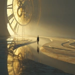 **A surreal landscape where shadows stretch across an empty floor, a human figure walking beside a giant antique clock with its hands entwined around their stride, a river flowing backwards with ripples forming footsteps, time bending like liquid light, ethereal atmosphere, soft golden glow, mystical and contemplative mood, cinematic, highly detailed --ar 3:2** - Image #1 <@876267919003238460>