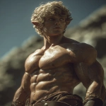 **Realistic 3d rendering. Full body portrait of ruggedly handsome, Hyper muscular handsome elf, bright silver eyes, short curly blonde hair, short pointed ears, defined muscles, pronounced features, hyper muscular, wide Grecian nose, strong square jaw, defined cheek bones, masculine features, freckles. Bodybuilder. wearing a tight short leather skirt. His oiled skin glistens under intense studio lighting. A strong camera flash highlights the shine on his muscles, creating bright reflections on his body, arms, and thighs. Retro fitness photography style, slightly exaggerated lighting contrast, 90s magazine aesthetic, center-framed, studio portrait shot. Standing and posing in a sunny rocky field. --ar 5:6 --v 7.0** - Image #3 <@1222981214734913607>