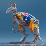 **a 3d rendered image of an industrial-style kangaroo robots with a glass chest head and Australian flag colour scheme metallic metal, an ultra-detailed illustration in the style of Atey Ghailan and Jacek Yerka, ultra-high resolution, in a dynamic pose, 4k --ar 13:20** - Image #2 <@1087506013407695028>