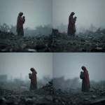 **An evocative and minimalist digital artwork, medium shot, rendered in a dark, monochromatic style consistent with previous designs, with a single muted color highlight. The composition features a silhouetted figure of a woman, draped in a subtly colored shawl, tenderly carrying a small, lifeless child in her arms. They are depicted walking amidst a desolate landscape of dark, indistinct rubble and debris, suggesting the ruins of destroyed buildings. The background is a blurred expanse of gray tones, emphasizing the bleakness of the environment. The woman's posture and the way she holds the child convey profound grief and loss. The overall mood is deeply somber and poignant, highlighting the devastating human cost of conflict and the heartbreaking reality of mothers burying their children amidst the destruction, presented with a stark and uncluttered visual approach --v 7.0** - Variations (Strong) by <@1032195406119043132> (fast)