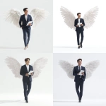 **a handsome Asian man aged 25-27, with light brown hair, wearing a dark navy suit and pants, walking forward, holding an iPad in one hand, other hand in pants pocket, smiling happily, large soft white angel wings on his back, facing forward, low angle view looking slightly upward, clean white background, studio lighting, realistic style, 4K** - <@427615579231485956> (fast)