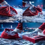 **Close-up scene on a snowy rooftop: Santa Claus’s white-gloved hands gripping and opening a massive red velvet sack. Inside the sack: multiple identical transparent acrylic trophies, heavy and solid, tightly packed, edges catching cold blue light, exactly matching the reference design. One single trophy lies outside the sack on the snow, clearly separate, partially buried under fresh snow, with visible frost, snow crystals, and cold surface condensation. The sack fabric is thick velvet, visibly worn, slightly wet from snow, with realistic folds and weight. Snow clings to the fabric fibers and gathers in creases. The ground shows disturbed snow: hand marks, fabric drag marks, uneven compression, small ice granules. The chimney base is visible nearby with soot-darkened bricks and slight burn residue. Background: blurred city lights at night, cold blue tones, falling snow. Lighting: high-end editorial macro lighting, soft diffused key light + practical ambient city glow, imperfect reflections, realistic shadow falloff, tactile physical realism. Material realism: micro abrasions on acrylic, fingerprints, refraction imperfections, subtle lens bloom. Photographed realism, premium commercial photography, not polished, not artificial. Shot on Canon R5, 100mm macro, f/2.8, ISO 640, 1/160s, shallow depth of field, natural film grain. --ar 4:5 --v 7.0 --raw --oref <https://s.mj.run/SB-W-zigDmg>** - <@1239955832326586419> (relaxed)