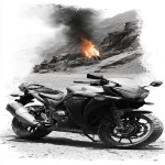 **a speeder motorbike standing on a rocky road, in the background on the winding road there is a bonfire with a flame --ar 1:2 --s 750 --sref <https://s.mj.run/PapqrsDryp0>** - Image #4 <@1167122440648937554>