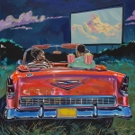 **imagine an African-American teenage couple in a 1955 Chevrolet Impala watching the big screen at a drive-in movie theater. Include 50's style movie audio speaker. Include food tray with box of popcorn. Color boldly with Crayola pencil colors --ar 1:1 --v 6.0** - Image #3 <@1195065809194717297>