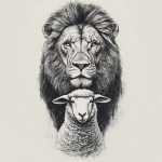 **photo realism. Black and grey design. Male lion posing with a sheep. Sheep is standing in front of lion with lion head towering over. Both animals looking at camera. Clean lines, clean shading. White background --v 6.1** - Image #3 <@651578269954736176>