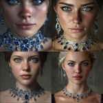 **an lovely necklace of diamonds and sapphires worn by a beautiful young woman with large blue eyes. Ultra realistic, highly detailed and photographic image. HD** - <@1327691479602298971> (fast, stealth)