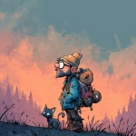 **<https://s.mj.run/RTecCqauTFQ> Reimagine this clean cartoon illustration in a painterly, atmospheric style. Use muted earthy tones blended with halloween colored pastels, textured brush strokes, and hazy gradients in the sky. Hiking through the forest with his cat. In the Pacific Northwest near the mountains during blue hour. Apply loose, expressive linework with subtle shading, crosshatching, and worn textures. Add depth and warmth through cinematic lighting and moody color grading. Expressions should remain exaggerated yet nuanced, balancing humor and melancholy within an atmospheric, storybook-like setting. Color Palette: 20% pastel periwinkle 40% pastel cotton candy 20% pastel sekura pink 10% pastel celadon 10% pastel black** - Image #4 <@757787837981786134>