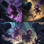 **anime art style , fantasy card art, a small female midget rogue in a purple cloak performing a feint in mid-combat his body blurs in motion as he fakes a slash to the left with a short sword, while slipping a hidden dagger low to the right. The towering fully cloaked enemy reacts to the wrong move, completely off-balance, eyes wide with surprise.The rogue has a sly grin on her face, glowing motion trails emphasize the misdirection. Cinematic anime-inspired style, dynamic angle, high detail, moody lighting.** - <@189255832385486848> (fast)