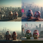 **two cyborg Daruma dolls standing side by side on a high rooftop in a futuristic cyberpunk city during daytime, overlooking the vast urban landscape below, chrome and neon accents on their mechanical bodies, distant skyscrapers stretching into the hazy daylight sky, cinematic lighting, detailed urban textures, like a scene from a movie or music video, octane render, --v 7.0 --p pmcvoi5 --s 50** - <@960107048031387718> (fast)