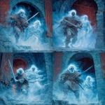 **In a dungeons and dragons and Frank Franzetta art style, two translucent ghosts, one male ghost and one female ghost, both hold a sword and wear a bow, they both look scared, the walls behind them are covered in old worn tapestries and they are inside an old round tower, it's dark --v 7.0** - Variations (Strong) by <@478047972412620803> (fast)