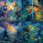 **A vibrant clash of styles unfolds as Van Gogh, rendered in swirling cobalt brushstrokes and textured impasto, duels with Monet’s translucent saber-wielding figure bathed in soft pastel light, their blades sparking amid a fractured landscape of starry skies melting into water lily ponds. --s 250** - <@908623560245911562> (fast)