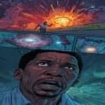 **Comic style. Split screen, on the top half astrophysicist Hakeem Oluseyi runs down the road, looking up in horror. On the bottom half of the screen, the Andromeda Galaxy explodes in space. Close-up portrait --ar 9:16 --v 7.0** - Image #4 <@1146368219234443295>