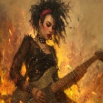 **heavy metal femme glamrock reptilian 80s hair bandsaw sawing through electric guitars, sparks and debris flying everywhereas the band plays down with the thickness --p djcuvnt ht8lvr3 --ar 4:3** - Image #4 <@948741381743083580>