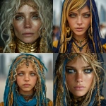 **opulent shocking radiant high-resolution portrait photograph masterpiece by Martin Schoeller of a heartbreakingly beautiful female extraterrestrial witch goddess, she has huge gorgeous hypnotic gold eyes, crazily long glossy disheveled gold hair with brilliant indigo streaks, rich silky very pale gold skin, and a lovely body, spectacular downtown Dubai surroundings, superb bokeh --v 7.0 --s 1000 --raw** - <@1076116781065850901> (fast)