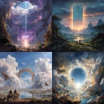 **a fantasy world full of color and light, like heaven and earth where all human beings and animals get along and are in unity with themselves and god, angels carrying human beings flying into a magical portal in the sky, futuristic, hyper realistic** - <@790739750008127498> (fast)