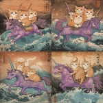 **kittens riding a ultraviolet unicorn ukiyo-e --ar 3:4 --v 6.1** - Variations (Strong) by <@342356662046162945> (fast)