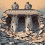 **Include visible shattered inscription reading ‘Voting Rights’, crumbling statues of blindfolded justice above, fractured pillars exposing dark interior, rubble shaped like fragments of an old style document like the U.S. Constitution, editorial-style cartoon, halftone print texture, subtle tan background wash, inspired by Matt Wuerker. --ar 9:16** - Image #2 <@925081513199017995>