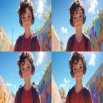 **a medium shot of a realistic illustrated happy 7-year-old Caucasian male student from America, they have a well-defined nose and a well-defined jawline, they have brown eyes and curly brown hair, they stand with their head and neck and shoulders completely square to the camera and facing forward, their entire body is facing forward, they wear a backpack, they have headphones on their head, they stand in front of a white wall with bright graffiti art spray painted on it, it is daytime, the sun is shining bright, high-definition, anime-style, --ar 16:9 --niji 6** - Variations (Subtle) by <@1065025086664474674> (relaxed)
-# Create, explore, and organize on [midjourney.com](<https://midjourney.com/imagine?from_discord=1>)