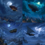 **digital art, fantasy art, D&D Eberron, airship flying over Sharn in the moonlight, cloudy night --v 7.0** - <@882568318530232330> (fast)