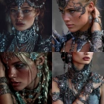 **close-up of a high fashion model wearing intricate iridium necklace, earrings, bracelets, and hair decorations, --v 7.0** - <@559099678189289495> (fast)
-# Create, explore, and organize on [midjourney.com](<https://midjourney.com/imagine?from_discord=1>)