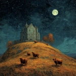**scottish motte-and-bailey Castle on a hill with 4 highland catlle , new moon night with shining stars in autum** - Image #2 <@687598645855649848>