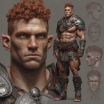 **Character design sheet. Realistic 3d rendering. Character design sheet of a ruggedly handsome, Hyper muscular handsome half orc, bodybuilder, bright silver eyes, short curly red Mohawk, short pointed ears, defined muscles, Huge leg muscles, huge pectoral muscles, big arm muscles, vascular hyper muscular, wide Grecian nose, strong square jaw, defined cheek bones, masculine features, freckles, Bodybuilder, short pointed ears, wearing Roman gladiator armor. --v 7.0** - Image #2 <@1222981214734913607>